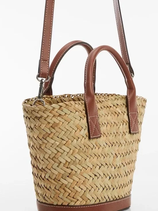Mango Straw Tote/ Crossbody with Brown Trim - Picture 6 of 7